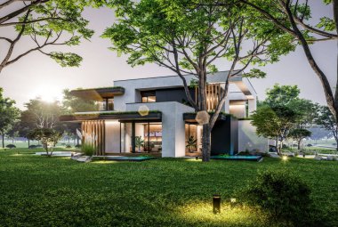 Park yeri ve havuzu satılık olan üç katlı bir ev. Ya da beton dış görünüş ve güzel peyzaj ile kiralanmış. Pencerenin sıcacık ışıklarıyla berrak bir yaz akşamı