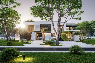 Park yeri ve havuzu satılık olan üç katlı bir ev. Ya da beton dış görünüş ve güzel peyzaj ile kiralanmış. Pencerenin sıcacık ışıklarıyla berrak bir yaz akşamı