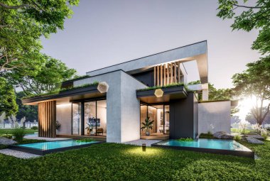 Park yeri ve havuzu satılık olan üç katlı bir ev. Ya da beton dış görünüş ve güzel peyzaj ile kiralanmış. Pencerenin sıcacık ışıklarıyla berrak bir yaz akşamı