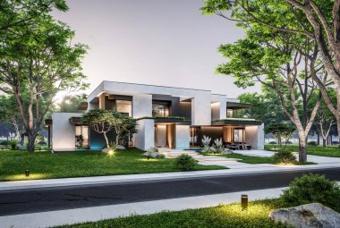 Park yeri ve havuzu satılık olan üç katlı bir ev. Ya da beton dış görünüş ve güzel peyzaj ile kiralanmış. Pencerenin sıcacık ışıklarıyla berrak bir yaz akşamı