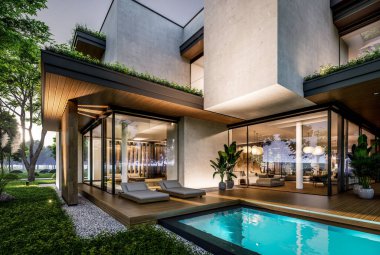 Park yeri ve havuzu satılık olan üç katlı bir ev. Ya da beton dış görünüş ve güzel peyzaj ile kiralanmış. Pencerenin sıcacık ışıklarıyla berrak bir yaz akşamı