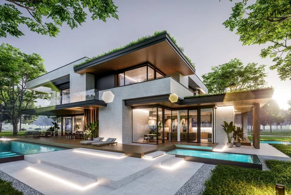 Park yeri ve havuzu satılık olan üç katlı bir ev. Ya da beton dış görünüş ve güzel peyzaj ile kiralanmış. Pencerenin sıcacık ışıklarıyla berrak bir yaz akşamı
