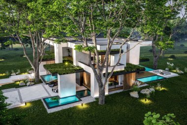 Park yeri ve havuzu satılık olan üç katlı bir ev. Ya da beton dış görünüş ve güzel peyzaj ile kiralanmış. Pencerenin sıcacık ışıklarıyla berrak bir yaz akşamı