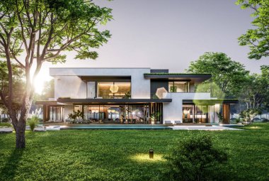 Park yeri ve havuzu satılık olan üç katlı bir ev. Ya da beton dış görünüş ve güzel peyzaj ile kiralanmış. Pencerenin sıcacık ışıklarıyla berrak bir yaz akşamı