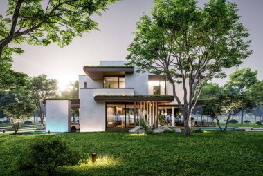 Park yeri ve havuzu satılık olan üç katlı bir ev. Ya da beton dış görünüş ve güzel peyzaj ile kiralanmış. Pencerenin sıcacık ışıklarıyla berrak bir yaz akşamı