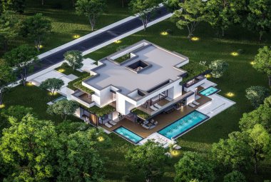 Park yeri ve havuzu satılık olan üç katlı bir ev. Ya da beton dış görünüş ve güzel peyzaj ile kiralanmış. Pencerenin sıcacık ışıklarıyla berrak bir yaz akşamı