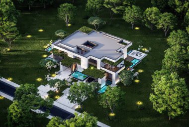 Park yeri ve havuzu satılık olan üç katlı bir ev. Ya da beton dış görünüş ve güzel peyzaj ile kiralanmış. Pencerenin sıcacık ışıklarıyla berrak bir yaz akşamı