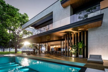 Park yeri ve havuzu satılık olan üç katlı bir ev. Ya da beton dış görünüş ve güzel peyzaj ile kiralanmış. Pencerenin sıcacık ışıklarıyla berrak bir yaz akşamı