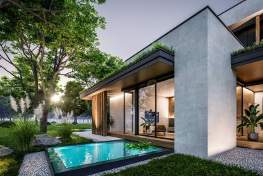 Park yeri ve havuzu satılık olan üç katlı bir ev. Ya da beton dış görünüş ve güzel peyzaj ile kiralanmış. Pencerenin sıcacık ışıklarıyla berrak bir yaz akşamı