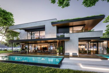 Park yeri ve havuzu satılık olan üç katlı bir ev. Ya da beton dış görünüş ve güzel peyzaj ile kiralanmış. Pencerenin sıcacık ışıklarıyla berrak bir yaz akşamı