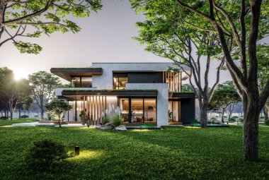 Park yeri ve havuzu satılık olan üç katlı bir ev. Ya da beton dış görünüş ve güzel peyzaj ile kiralanmış. Pencerenin sıcacık ışıklarıyla berrak bir yaz akşamı