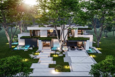 Park yeri ve havuzu satılık olan üç katlı bir ev. Ya da beton dış görünüş ve güzel peyzaj ile kiralanmış. Pencerenin sıcacık ışıklarıyla berrak bir yaz akşamı