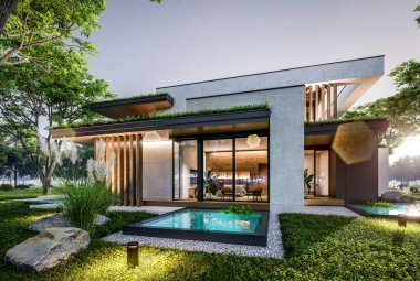 Park yeri ve havuzu satılık olan üç katlı bir ev. Ya da beton dış görünüş ve güzel peyzaj ile kiralanmış. Pencerenin sıcacık ışıklarıyla berrak bir yaz akşamı