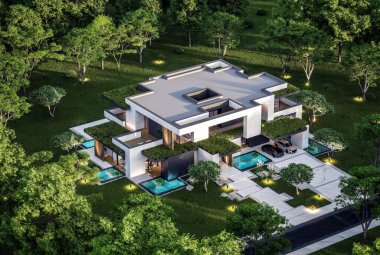 Park yeri ve havuzu satılık olan üç katlı bir ev. Ya da beton dış görünüş ve güzel peyzaj ile kiralanmış. Pencerenin sıcacık ışıklarıyla berrak bir yaz akşamı