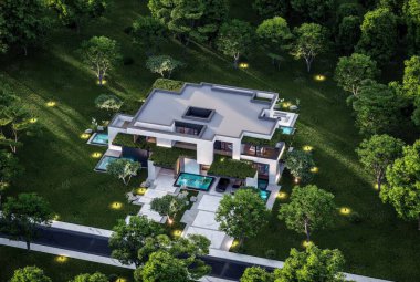 Park yeri ve havuzu satılık olan üç katlı bir ev. Ya da beton dış görünüş ve güzel peyzaj ile kiralanmış. Pencerenin sıcacık ışıklarıyla berrak bir yaz akşamı