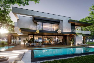 Park yeri ve havuzu satılık olan üç katlı bir ev. Ya da beton dış görünüş ve güzel peyzaj ile kiralanmış. Pencerenin sıcacık ışıklarıyla berrak bir yaz akşamı