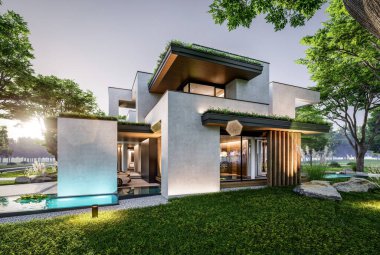 Park yeri ve havuzu satılık olan üç katlı bir ev. Ya da beton dış görünüş ve güzel peyzaj ile kiralanmış. Pencerenin sıcacık ışıklarıyla berrak bir yaz akşamı