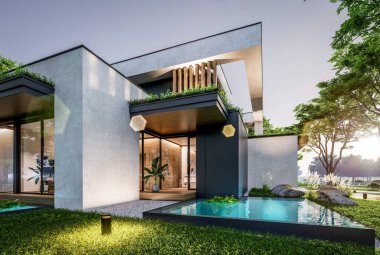 Park yeri ve havuzu satılık olan üç katlı bir ev. Ya da beton dış görünüş ve güzel peyzaj ile kiralanmış. Pencerenin sıcacık ışıklarıyla berrak bir yaz akşamı