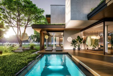 Park yeri ve havuzu satılık olan üç katlı bir ev. Ya da beton dış görünüş ve güzel peyzaj ile kiralanmış. Pencerenin sıcacık ışıklarıyla berrak bir yaz akşamı