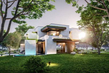 Park yeri ve havuzu satılık olan üç katlı bir ev. Ya da beton dış görünüş ve güzel peyzaj ile kiralanmış. Pencerenin sıcacık ışıklarıyla berrak bir yaz akşamı