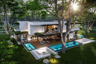 Park yeri ve havuzu satılık olan üç katlı bir ev. Ya da beton dış görünüş ve güzel peyzaj ile kiralanmış. Pencerenin sıcacık ışıklarıyla berrak bir yaz akşamı