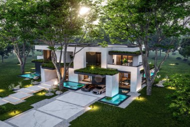 Park yeri ve havuzu satılık olan üç katlı bir ev. Ya da beton dış görünüş ve güzel peyzaj ile kiralanmış. Pencerenin sıcacık ışıklarıyla berrak bir yaz akşamı