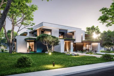 Park yeri ve havuzu satılık olan üç katlı bir ev. Ya da beton dış görünüş ve güzel peyzaj ile kiralanmış. Pencerenin sıcacık ışıklarıyla berrak bir yaz akşamı