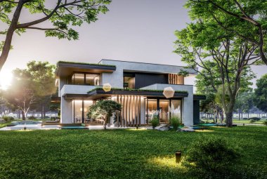 Park yeri ve havuzu satılık olan üç katlı bir ev. Ya da beton dış görünüş ve güzel peyzaj ile kiralanmış. Pencerenin sıcacık ışıklarıyla berrak bir yaz akşamı