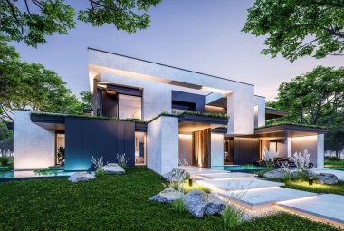 Park yeri ve havuzu satılık olan üç katlı bir ev. Ya da beton dış görünüş ve güzel peyzaj ile kiralanmış. Pencerenin sıcacık ışıklarıyla berrak bir yaz akşamı