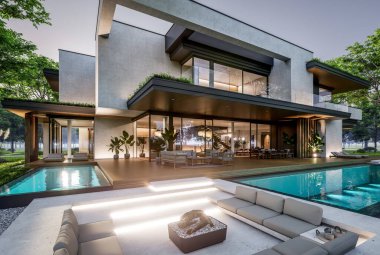 Park yeri ve havuzu satılık olan üç katlı bir ev. Ya da beton dış görünüş ve güzel peyzaj ile kiralanmış. Pencerenin sıcacık ışıklarıyla berrak bir yaz akşamı