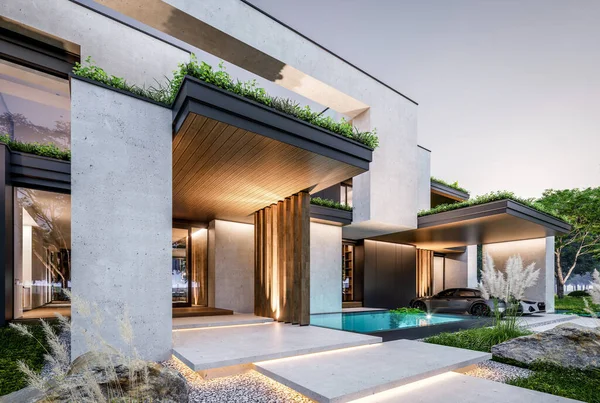 Park yeri ve havuzu satılık olan üç katlı bir ev. Ya da beton dış görünüş ve güzel peyzaj ile kiralanmış. Pencerenin sıcacık ışıklarıyla berrak bir yaz akşamı