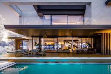 Otoparkı ve havuzu satılık ya da kiralık iki katlı evin beton cepheli ve arka planda güzel bir peyzajı var. Parlak beyaz karlı serin bir kış günü