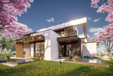 Park yeri ve havuzu satılık olan üç katlı bir ev. Ya da beton dış görünüş ve güzel peyzaj ile kiralanmış. Taze bir bahar günü Sakura çiçekleriyle çiçek açan ağaçlarla