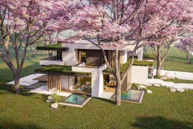 Park yeri ve havuzu satılık olan üç katlı bir ev. Ya da beton dış görünüş ve güzel peyzaj ile kiralanmış. Taze bir bahar günü Sakura çiçekleriyle çiçek açan ağaçlarla