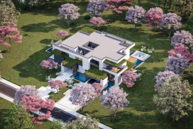 Park yeri ve havuzu satılık olan üç katlı bir ev. Ya da beton dış görünüş ve güzel peyzaj ile kiralanmış. Taze bir bahar günü Sakura çiçekleriyle çiçek açan ağaçlarla