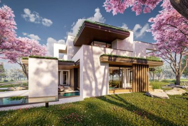 Park yeri ve havuzu satılık olan üç katlı bir ev. Ya da beton dış görünüş ve güzel peyzaj ile kiralanmış. Taze bir bahar günü Sakura çiçekleriyle çiçek açan ağaçlarla