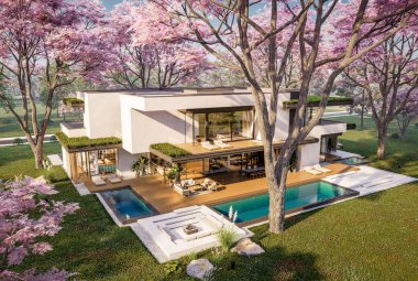 Park yeri ve havuzu satılık olan üç katlı bir ev. Ya da beton dış görünüş ve güzel peyzaj ile kiralanmış. Taze bir bahar günü Sakura çiçekleriyle çiçek açan ağaçlarla