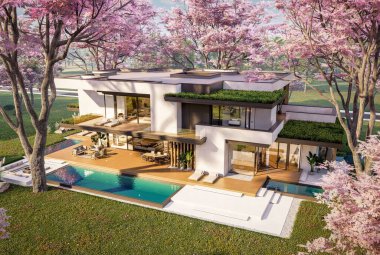 Park yeri ve havuzu satılık olan üç katlı bir ev. Ya da beton dış görünüş ve güzel peyzaj ile kiralanmış. Taze bir bahar günü Sakura çiçekleriyle çiçek açan ağaçlarla