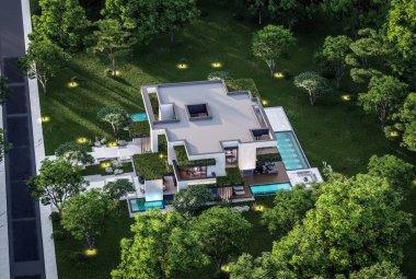 Park yeri ve havuzu satılık olan üç katlı bir ev. Ya da beton dış görünüş ve güzel peyzaj ile kiralanmış. Pencerenin sıcacık ışıklarıyla berrak bir yaz akşamı