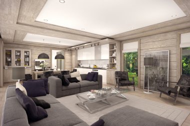 3D rendering of  living room of a country house