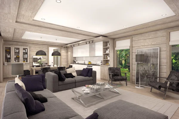3D renderização da sala de estar de uma casa de campo — Fotografia de Stock
