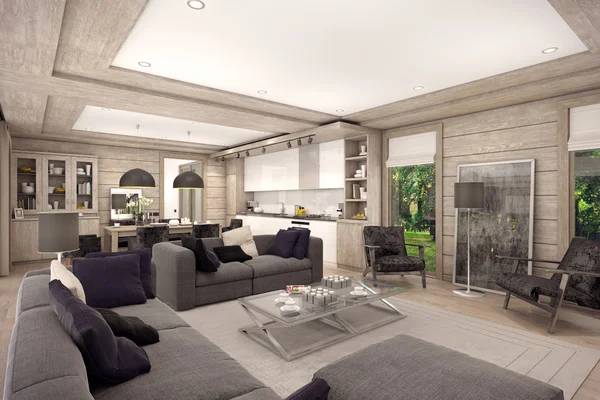 3D rendering of  living room of a country house