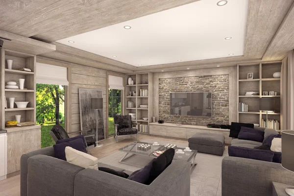 3D rendering of  living room of a country house