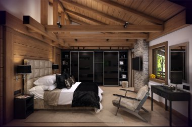 3D rendering bedroom house in the mountain clipart