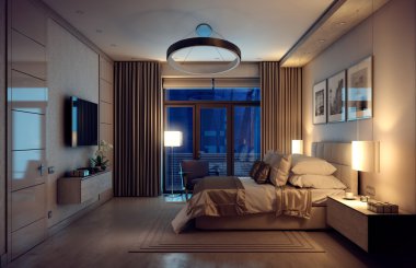 3D rendering evening bedroom house in the forest clipart