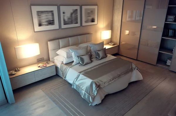 3D rendering evening bedroom house in the forest — 스톡 사진