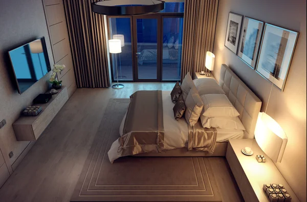3D rendering evening bedroom house in the forest — 스톡 사진