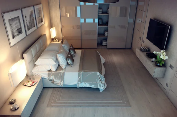 3D rendering evening bedroom house in the forest — Stock fotografie