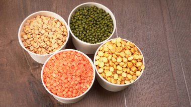 View of set legumes, peas, lentils, and mung beans