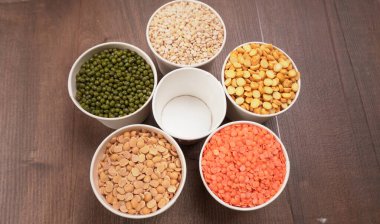 View of set legumes, peas, lentils, and mung beans